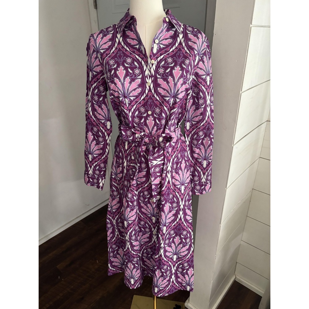 Talbots Dress Womens 4 Petite Purple Floral Belted Shirt Knee Length Cotton